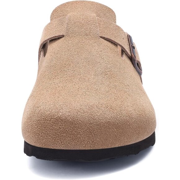 Women's Taupe Genuine Suede Clogs Soft Footbed Leather Comfort Slip On Shoes - Picture 3 of 6